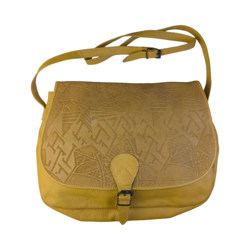 Vintage Mustard Leather Embossed Crossbody Bag | Boho Purse, Statement Colour